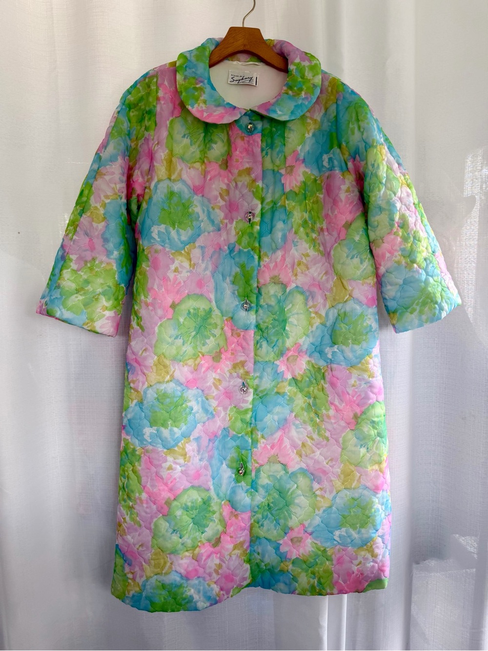 Vintage 1960s Saybury Quilted Floral Duster Robe Coat Pastel Mod Cottagecore